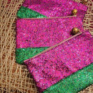 Ipsy Pink and Green Glitter Bag lot of 3
